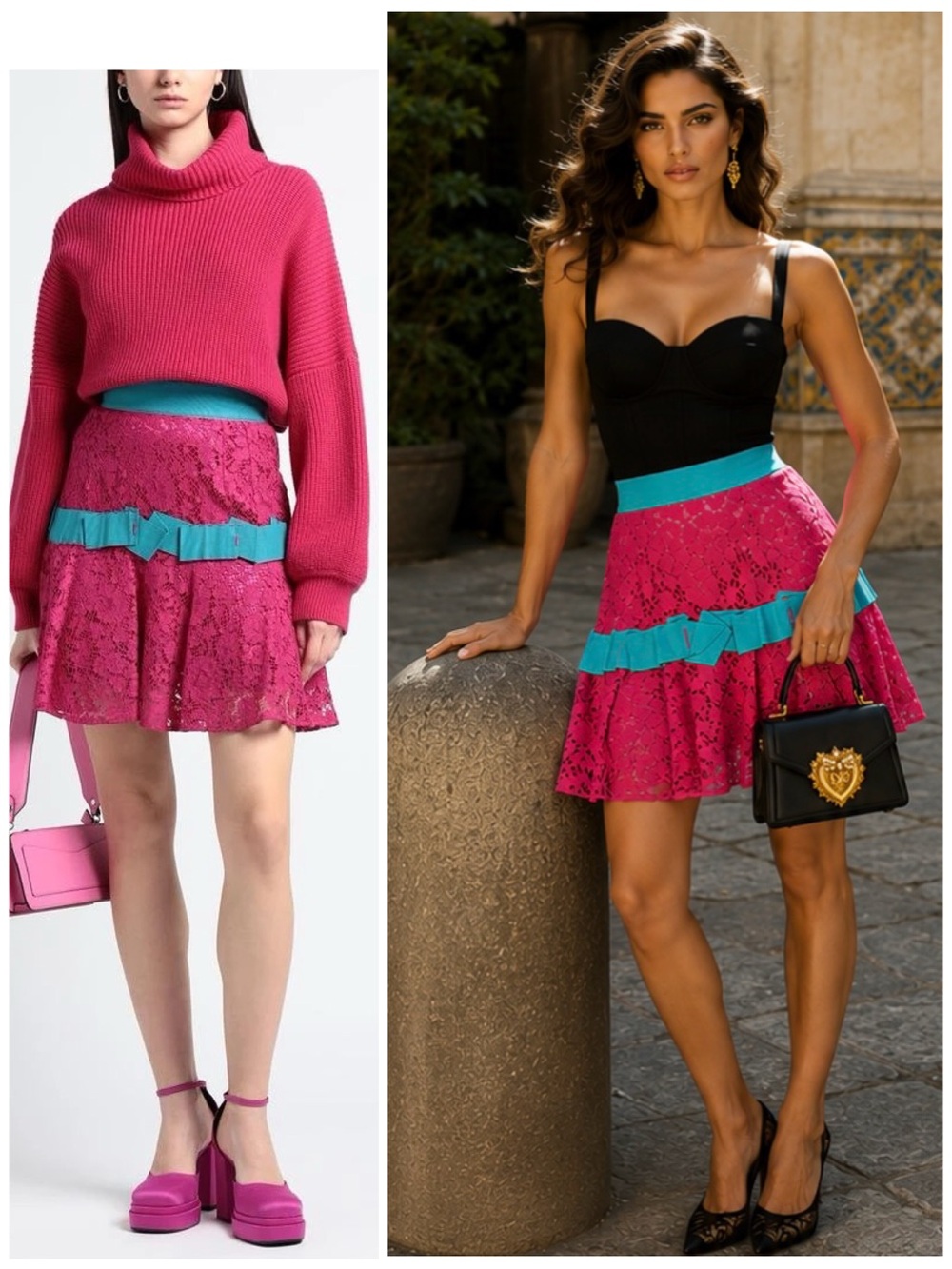 NWT Dolce & Gabbana Fuchsia/ Turquoise Lace Mini Skirt  IT 40 Deconstructed